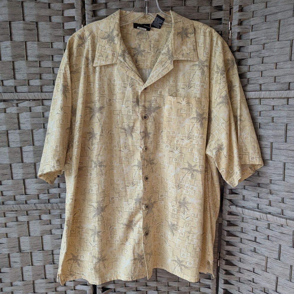 Vtg‎ Y2K OP Camp Shirt Yellow Palm Tree Print Mens L Surfer Resortwear Button Up
